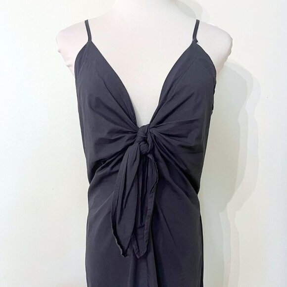 YOUNG FABULOUS AND BROKE ZOYA COTTON NAVY FRONT BOW DOUBLE SLIT MAXI DRESS - M - Picture 5 of 9